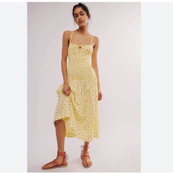 Free People | Strawberry Lemon Combo Lavender Daze Midi Dress Smocked Size S - Picture 2 of 14